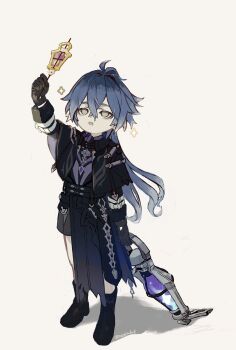 1boy antenna_hair arm_up belt black_belt black_boots black_capelet black_gloves blue_hair boots capelet commentary_request empty_eyes flins_(genshin_impact) full_body genshin_impact gloves gradient_hair highres holding holding_lantern lantern long_hair long_sleeves looking_at_object male_focus multicolored_hair open_mouth outstretched_arm sleeve_cuffs solo standing very_long_hair wasadnt white_background yellow_eyes