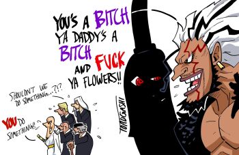 ! 1other 6+boys annoyed beard clenched_teeth english_text ethan-baron_v._nusjuro facial_hair facial_mark glasses gorosei greyscale hat highres imu_(one_piece) jaygarcia_saturn long_beard looking_at_another marcus_mars monochrome multiple_boys mustache one_piece pectorals rocks_d._xebec shaded_face shepherd_ju_peter short_hair speech_bubble sweatdrop teeth toadgashi topman_warcury white_background