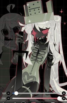 1018sus 1x1x1x1_(roblox) 2girls :o ahoge arm_at_side arm_support art_program_in_frame bare_arms bare_shoulders black_background black_eyes black_skin black_sweater blank_eyes breasts colored_sclera colored_skin contrapposto cowboy_shot cowlick crown cutout_eyelashes dominoes double-parted_bangs dress dual_persona forsaken_(roblox) genderswap genderswap_(mtf) green_crown green_dress green_leotard green_nails grey_skin grid_background hair_between_eyes hand_up heart high_ponytail highres holding holding_sword holding_weapon ibispaint jitome leotard long_hair long_sidelocks looking_at_viewer multiple_girls nail_polish no_nose no_pupils open_mouth outline pelvis ponytail raised_eyebrows red_outline red_sclera ribs roblox see-through_body sharp_teeth shiny_skin sidelocks simple_background sitting sleeveless sleeveless_dress sleeveless_sweater sleeveless_turtleneck small_breasts sparkle standing strapless strapless_leotard sweater sword teeth thigh_strap tsurime turtleneck turtleneck_sweater upper_teeth_only v-shaped_eyebrows very_long_hair weapon weapon_between_legs white_hair white_trim