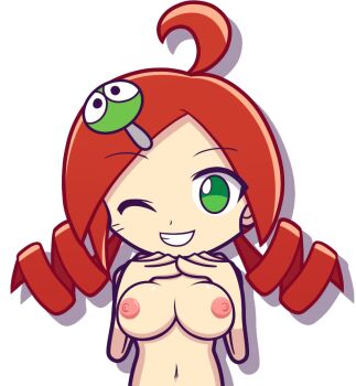 1girl ahoge andou_ringo breasts drill_hair eyebrows female_focus furii green_eyes grin hair_ornament hairclip hand_on_breast looking_at_viewer medium_breasts nipples nude one_eye_closed puyo_puyo puyopuyo red_hair simple_background smile solo twin_drills upper_body wink