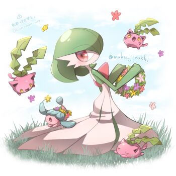 artist_name blue_hair blush bob_cut colored_skin dress flower_wreath gardevoir gen_2_pokemon gen_3_pokemon gen_8_pokemon grass green_hair green_skin hatenna highres hoppip looking_at_viewer muku_jirushi multicolored_skin nintendo on_grass pink_eyes pink_skin pokemon pokemon_(creature) sitting two-tone_skin white_dress white_skin yellow_eyes