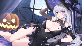 1girl :p arm_support arm_up bare_shoulders black_bow black_dress black_gloves black_hat blush bow breasts center_opening cleavage commission curtains dress elbow_gloves frilled_dress frills full_moon gem gloves halloween halloween_costume hat hat_bow heterochromia highres indoors jack-o&#039;-lantern kurage_cc large_breasts long_hair looking_at_viewer lying moon night night_sky original pumpkin purple_eyes purple_gemstone red_eyes red_gemstone single_elbow_glove skeb_commission sky solo thighs tongue tongue_out very_long_hair white_hair window witch_hat
