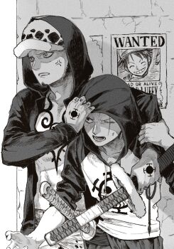 2boys 53_(kanimisomrmr) anger_vein borrowed_clothes chest_tattoo facial_hair goatee greyscale hand_tattoo highres holding holding_sword holding_weapon hood hood_up long_sleeves male_focus monkey_d._luffy monochrome multiple_boys one_piece open_mouth roronoa_zoro scar scar_across_eye scar_on_face sword tattoo trafalgar_law wanted_poster weapon