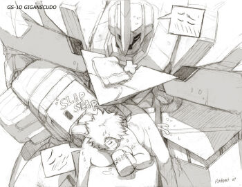 Rule 34 | 1boy, 1girl, artist name, banpresto, blush, character request, coffee mug, cup, doggystyle, drunk, facing viewer, giganscudo, greyscale, happy sex, hetero, mecha, mecha on girl, mechaphilia, monochrome, mug, nude, ratbat, robot, sex, sex from behind, simple background, size difference, super robot wars, sweat, text focus, white background