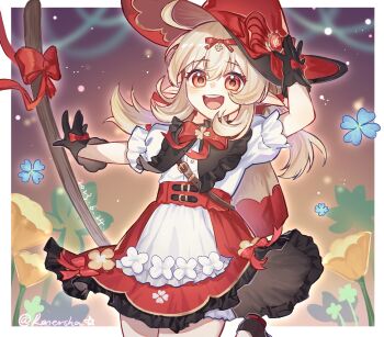 1girl :d ahoge belt black_gloves blonde_hair border bow bowtie chinese_commentary clover commentary_request cowboy_shot dated four-leaf_clover frilled_shirt_collar frilled_skirt frilled_sleeves frills genshin_impact glove_bow gloves hair_between_eyes hat highres jumping klee_(blossoming_starlight)_(genshin_impact) klee_(genshin_impact) light_blush long_hair looking_at_viewer official_alternate_costume open_mouth pointy_ears ranersha1 red_bow red_bowtie red_eyes red_hat red_skirt shirt short_sleeves skirt smile solo teeth twintails twitter_username upper_teeth_only white_border white_hair witch_hat