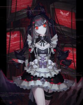 Rule 34 | 1girl, ahoge, arms behind back, black hair, blood, bloody knife, breasts, commentary, cowboy shot, english commentary, enna alouette, enna alouette (maid), frilled thigh strap, garter straps, head tilt, head wings, highres, knife, long hair, looking at viewer, low wings, maid, monitor, multiple monitors, nijisanji, nijisanji en, no mouth, red eyes, small breasts, solo, static, thigh strap, twintails, virtual youtuber, wings, yumeku114