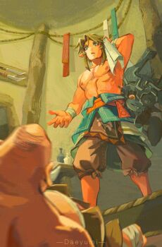 1girl 2boys black_skin blonde_hair colored_sclera colored_skin daeyumi goron helmet_over_one_eye highres imp link mayor_bo midna multicolored_skin multiple_boys muscular muscular_male nintendo the_legend_of_zelda the_legend_of_zelda:_twilight_princess two-tone_skin yellow_sclera