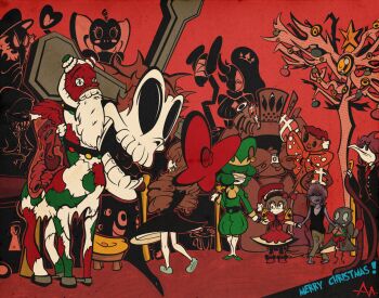 absurdres artichoke2_(dickpeacock11) bandages bandages_over_eyes big_bird_(project_moon) brown_hair character_request christmas_ornaments employee_(project_moon) highres horns judgement_bird knight_of_despair laetitia_(project_moon) little_red_riding_hooded_mercenary lobotomy_corporation long_hair merry_christmas nervous_sweating nugget_(project_moon) one_sin_and_hundreds_of_good_deeds open_mouth plague_doctor_(project_moon) project_moon red_background road_home_(project_moon) rudolta_of_the_sleigh scarecrow_searching_for_wisdom scaredy_cat_(project_moon) schadenfreude_(project_moon) scorched_girl servant_of_wrath skull smile snow_white's_apple sweat the_burrowing_heaven toon_(style) warm-hearted_woodsman wonderlab