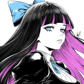 1girl absurdres black_dress black_hair blue_bow bow colored_inner_hair commentary dress english_commentary eyelashes hair_bow highres long_hair looking_at_viewer lughost multicolored_hair panty_&amp;_stocking_with_garterbelt parted_lips purple_hair solo stocking_(psg) two-tone_hair upper_body white_background