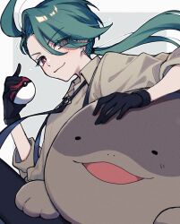 Rule 34 | ahoge, black gloves, black pants, blush, clodsire, closed mouth, collared shirt, creatures (company), ear piercing, game freak, gloves, green hair, grey shirt, hair between eyes, hair over one eye, highres, holding, holding poke ball, long hair, looking at viewer, nekojiri, nintendo, open mouth, pants, piercing, poke ball, poke ball (basic), pokemon, pokemon (creature), pokemon sv, ponytail, red eyes, rika (pokemon), shirt, simple background, smile, solo, sparkle, suspenders, two-tone background
