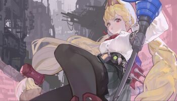 1girl alice_thymefield animal_ears architecture black_pantyhose blonde_hair braid hashtag-only_commentary highres holding holding_sword holding_weapon long_hair looking_at_viewer pantyhose pout rabbit_ears rabbit_girl rapier red_eyes seonu127616 shirt solo sword twin_braids weapon white_shirt zenless_zone_zero