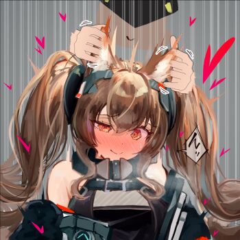 2girls @_@ angelina_(arknights) animal_ear_fluff animal_ears arknights arknights:_endfield bare_shoulders belt blindfold_mask blush breasts brown_hair coat commentary_request dot_nose dress endministrator_(arknights) female_endministrator_(arknights) fox_ears fox_girl full-face_blush gilberta_(arknights) grey_background grey_dress hair_between_eyes headpiece heart hige_qr high_belt high_collar long_hair mask medium_breasts multiple_girls off_shoulder orange_eyes red_coat rubbing_ears smile solo_focus split_mouth sweat sweatdrop trembling twintails uncommon_stimulation upper_body