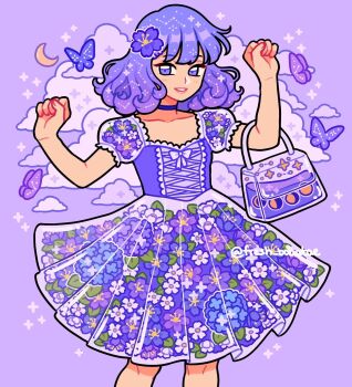 1girl bag bow bug butterfly choker constellation cowboy_shot crescent_moon cross-laced_clothes dress elbow_carry emily_kim floral_print flower hair_flower hair_ornament handbag highres hydrangea insect lace_trim liquid medium_hair monochrome moon moon_phases original pleated_dress puffy_short_sleeves puffy_sleeves purple_background purple_butterfly purple_choker purple_clouds purple_dress purple_eyes purple_flower purple_hair purple_theme short_sleeves simple_background sparkle twitter_username