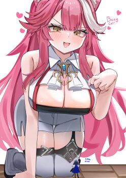 Rule 34 | 2girls, :d, anger vein, animal ears, arm support, arm up, bare arms, bare shoulders, black sleeves, black thighhighs, black tube top, blue cape, blue gem, blunt bangs, blush, boots, breasts, brown eyes, cape, cat ears, cleavage, collared vest, commentary, detached sleeves, double-parted bangs, english commentary, english text, eyelashes, feet out of frame, forever moru, full body, garter straps, gem, giant, giantess, hair between eyes, hair intakes, hand up, heart, highres, hololive, hololive english, huge breasts, kneeling, long hair, looking at another, looking down, looking up, mini person, minigirl, motion lines, multicolored hair, multiple girls, open mouth, ouro kronii, ouro kronii (1st costume), pink hair, raora panthera, raora panthera (1st costume), short shorts, shorts, side slit, simple background, size difference, skindentation, smile, standing, strapless, streaked hair, thigh gap, thighhighs, tube top, v-shaped eyebrows, very long hair, vest, virtual youtuber, waving fist, white background, white boots, white hair, white shorts, white thighhighs, white vest, wing collar, zettai ryouiki