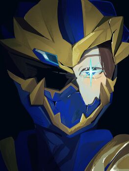 Rule 34 | 1boy, amauma2525, armor, black background, blue armor, blue eyes, blue helmet, blush, broken helmet, brown hair, byakuya rikuo, cracked kawaii mask, gozyuleon, helmet, highres, male focus, no.1 sentai gozyuger, simple background, solo, super sentai, upper body