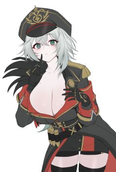 1girl absurdres ammunition_belt armband belt black_coat black_gloves black_hat black_skirt black_survival black_thighhighs breasts cleavage coat cowboy_shot epaulettes eternal_return:_black_survival finger_to_mouth gadeung_hye gloves green_eyes grey_hair hat highres katja_(black_survival) large_breasts leaning_forward long_hair looking_at_viewer miniskirt peaked_cap shushing simple_background skirt solo standing sweatdrop thighhighs white_background