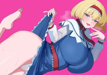 1girl absurdres alice_margatroid aqua_eyes barefoot blonde_hair blue_dress blush breasts capelet clothes_lift dress dress_lift frilled_hairband frills hairband highres huge_breasts lifting_own_clothes long_sleeves looking_at_viewer open_mouth panties pink_background red_hairband short_hair simple_background smile solo thighs touhou underwear urizaku3 white_capelet white_panties