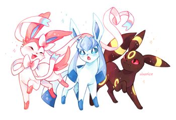 animal_focus artist_name black_eyes blush closed_eyes colored_sclera commentary fang gen_2_pokemon gen_4_pokemon gen_6_pokemon glaceon hinamie nintendo no_humans open_mouth pokemon pokemon_(creature) pokemon_focus red_sclera smile standing sylveon symbol-only_commentary umbreon white_background