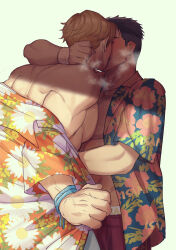 Rule 34 | 2boys, adam&#039;s apple, ao isami, arm around neck, bara, black hair, blonde hair, clothes writing, couple, facial hair, french kiss, hawaiian shirt, heavy breathing, highres, kiss, large pectorals, lewis smith, male focus, male underwear, male underwear peek, multiple boys, muscular, muscular male, off shoulder, official alternate costume, pectoral docking, pectoral press, pectorals, profile, shirt, sideburns stubble, stubble, sweat, thick eyebrows, three quarter view, tongue, tongue out, undercut, underwear, undressing, veins, veiny arms, veiny hands, yaoi, yuuki bakuhatsu bang bravern, yuzuki (hmr813k)