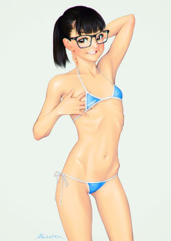 1girl bikini black_hair blue_bikini blush breasts brown_eyes commentary_request fumichika_mori glasses hip_bones looking_at_viewer navel original ponytail ribs short_hair side-tie_bikini_bottom small_breasts smile solo swimsuit