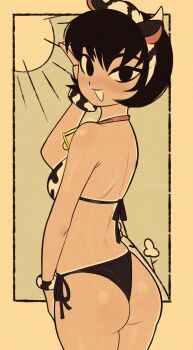 1girl absurdres animal_ears animal_print ass back bell bikini black_eyes black_hair border commentary cow_ears cow_horns cow_print cow_print_bikini cowbell fake_animal_ears flower from_behind fur_wrist_cuffs hair_between_eyes hairband halftone halterneck hand_up highres horns jeff_miga jucika jucika_(comic) light_blush looking_at_viewer looking_back median_furrow open_mouth outdoors outside_border print_bikini print_hairband short_hair side-tie_bikini_bottom smile solo straight_hair sun swimsuit v wrist_cuffs yellow_border