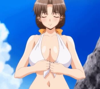 10s 1girl 2011 animated animated_gif anime_screenshot beach bikini blurry blush bouncing_breasts bow breasts breasts_apart breasts_out brown_hair cleavage closed_eyes cloud day depth_of_field female_focus flashing front-tie_bikini_top front-tie_top grey_hair hair_bow large_breasts long_hair lowres mature_female mole mole_under_eye moroboshi_kyouko navel nipples nude open_clothes parted_bangs public_indecency rock shiny_skin sky smile solo stitched sweet_home swimsuit tagme third-party_edit undressing untied_bikini upper_body white_bikini wide_hips