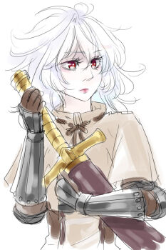 1girl brown_capelet capelet closed_mouth commentary_request expressionless gauntlets highres holding holding_sheath holding_sword holding_weapon lips long_hair looking_afar ragnarok_online red_eyes scabbard sheath sheathed simple_background solo sword swordsman_(ragnarok_online) toriria upper_body weapon white_background white_hair