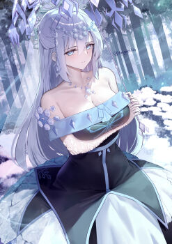 1girl absurdres bare_shoulders blue_eyes breasts chest_jewel cleavage closed_mouth collarbone commentary_request dress duel_monster grey_hair hair_between_eyes hair_ornament highres holding holding_umbrella large_breasts long_hair off-shoulder_dress off_shoulder see-through_clothes see-through_veil snowflake_hair_ornament solo teardrop_the_rikka_queen tongari_kin twitter_username umbrella veil yu-gi-oh!
