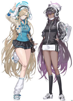 Rule 34 | 2girls, absurdres, adidas, alternate costume, animal hat, arm at side, arm up, artist name, asuna (blue archive), bag, bag charm, beanie, black hair, black hat, black jacket, black skirt, black socks, blonde hair, blue archive, blue eyes, blue halo, blue hoodie, blue nails, blue ribbon, blue scrunchie, breasts, charm (object), clothes writing, commentary, cropped jacket, dark-skinned female, dark skin, drawstring, fingernails, full body, gradient hair, grin, hair between eyes, hair ornament, hair over one eye, hair ribbon, halo, hands in pockets, hat, haze (7h4ze), headphones, highres, hood, hoodie, jacket, jacket over hoodie, karin (blue archive), kneehighs, large breasts, long hair, long sleeves, looking at viewer, loose socks, mask, mask pull, miniskirt, mouth mask, multicolored hair, multiple girls, nail polish, one eye covered, parted lips, pleated skirt, purple hair, purple halo, rabbit hat, ribbon, salute, school bag, scrunchie, shoes, shoulder bag, simple background, skirt, slit pupils, smile, sneakers, socks, standing, standing on one leg, star (symbol), star hair ornament, track jacket, two-finger salute, very long hair, white background, white hat, white jacket, white mask, white shoes, white skirt, white socks, wrist scrunchie, y2k fashion, yellow eyes