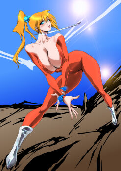 Rule 34 | 1girl, absurdres, birth (oav), blonde hair, bodysuit, breasts, cleavage, highres, huge breasts, leash, legs, parted lips, ponytail, rasa jupiter, seductive gaze, solo, teeth, thighs, yuri ai