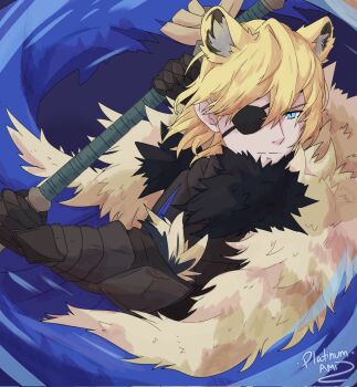 1boy animal_ears areadbhar_(fire_emblem) artist_name blue_eyes cape closed_mouth commentary dimitri_alexandre_blaiddyd dimitri_alexandre_blaiddyd_(blue_lion) english_commentary eyepatch fire_emblem fire_emblem_shadows fur-trimmed_cape fur_trim highres holding holding_polearm holding_weapon kemonomimi_mode lion_boy lion_ears male_focus nintendo platinum_ami polearm upper_body weapon