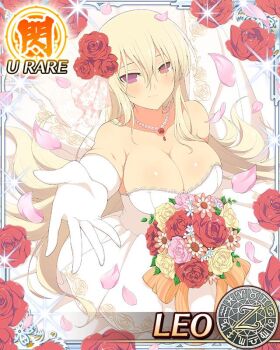1girl aquarius_(symbol) aries_(symbol) armpit_crease bare_shoulders blonde_hair blush body_blush bouquet breasts bride cancer_(symbol) capricorn_(symbol) card_(medium) character_name cleavage collarbone dodecagram dress english_text flower gemini_(symbol) gloves hair_between_eyes hair_flower hair_ornament holding holding_bouquet jewelry lace lace-trimmed_dress lace_trim large_breasts leo_(senran_kagura) leo_(symbol) libra_(symbol) long_hair looking_at_viewer necklace official_art orange_hair pearl_necklace petals pink_flower pink_rose pisces_(symbol) purple_eyes reaching reaching_towards_viewer red_flower red_rose rose rose_petals sagittarius_(symbol) school_emblem scorpio_(symbol) senran_kagura senran_kagura_new_wave shiny_skin smile solo sparkle strapless strapless_dress taurus_(symbol) very_long_hair virgo_(symbol) wedding_dress white_dress white_gloves yellow_flower yellow_rose zodiac_wheel