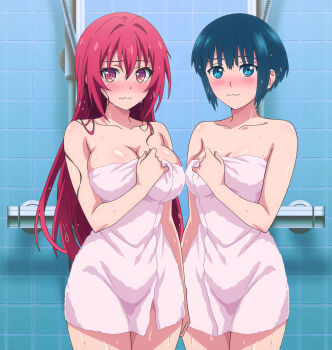 2girls blue_eyes blush botan_nagatsuki breasts embarrassed green_hair large_breasts monogatari_(onigunsou) multiple_girls naruse_mio red_eyes red_hair shinmai_maou_no_testament short_hair towel