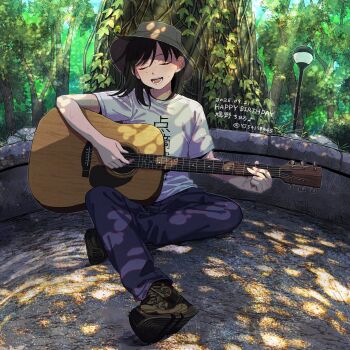 1girl :d absurdres acoustic_guitar black_hair black_shoes bucket_hat character_name closed_eyes commentary_request dated full_body futsuu_no_keion-bu grey_hat guitar happy_birthday hat hatono_chihiro highres instrument lamppost leaf medium_hair music open_mouth outdoors pants park playing_guitar playing_instrument print_shirt purple_pants rra_(yj) shirt shoes short_sleeves singing sitting smile solo sweat t-shirt teeth tree twitter_username u_u white_shirt