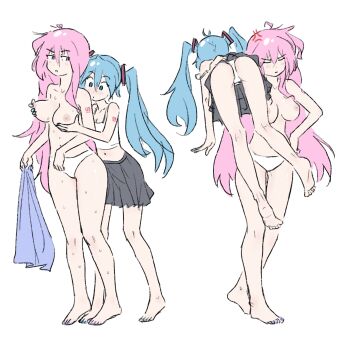 2girls :o ahoge anger_vein annoyed aqua_eyes aqua_hair ass bare_shoulders barefoot blue_skirt blush bra breast_awe breasts breasts_apart carrying carrying_person cleavage closed_eyes closed_mouth collarbone couple crop_top dot_nose feet female_focus fireman's_carry full_body grabbing_another's_breast grabbing_from_behind groping hair_rings hand_on_own_hip hatsune_miku height_difference highres holding holding_unworn_clothes jitome kneepits knees legs long_hair long_twintails looking_at_another looking_at_breasts looking_at_viewer looking_to_the_side matching_hair/eyes medium_breasts megurine_luka midriff multiple_girls nail_polish navel nipples off_shoulder panties pink_hair pleated_skirt sequential shirt shoulder_tattoo simple_background skirt sleeveless sleeveless_shirt soles spaghetti_strap standing sweat tank_top tareme tattoo toenail_polish toenails toes topless_female truffleduster tsurime twintails underwear underwear_only unworn_skirt v-shaped_eyebrows very_long_hair vocaloid wet white_background white_bra white_panties white_tank_top wide-eyed yuri
