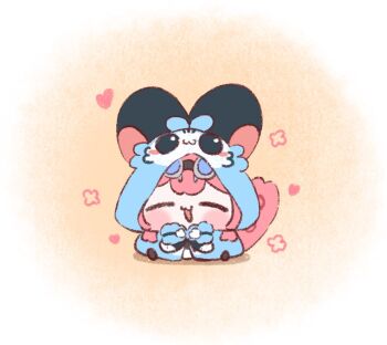 1girl :3 blue_bow blue_bowtie blue_capelet blue_hood blush bow bowtie capelet chattino_(raora_panthera) chibi chibi_only closed_eyes commentary happy hololive hololive_english hood hooded_capelet maronsd_(maron_04242525) open_mouth panther_girl panther_tail pink_background pink_hair pink_tail raora_panthera sitting smile solo symbol-only_commentary tail virtual_youtuber white_background