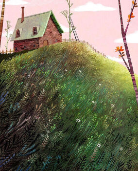 Rule 34 | building, chimney, cloud, fence, francisco fonseca, grass, house, ladder, no humans, original, pink sky, scenery, sky, tree, wooden fence