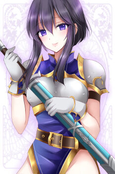 1girl armor belt black_hair breastplate fire_emblem fire_emblem:_genealogy_of_the_holy_war gloves highres hip_bones holding holding_sword holding_weapon kirishima_riona larcei_(fire_emblem) looking_at_viewer nintendo pelvic_curtain purple_eyes purple_tunic sheath sheathed short_hair shoulder_armor sidelocks solo sword tunic weapon
