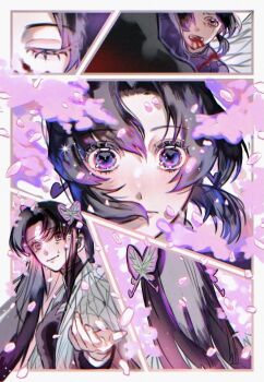 2girls black_jacket blood blood_from_mouth border breasts butterfly_hair_ornament butterfly_print_haori clenched_teeth closed_eyes dlxikmiktg81388 falling_petals flower hair_ornament hair_over_one_eye jacket kimetsu_no_yaiba kochou_kanae kochou_shinobu light_blush long_hair looking_at_another medium_breasts multiple_girls outstretched_hand parted_bangs petals pink_flower pink_petals purple_eyes siblings sidelocks sisters straight_hair tears teeth updo upper_body white_border