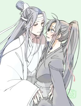 2boys ahoge bishounen black_hair black_hanfu blue_eyes blush chinese_clothes closed_mouth commentary_request couple eye_contact green_background grey_sash hair_ornament hair_ribbon hands_on_another's_hips hanfu headband high_ponytail hug lan_wangji long_hair long_sleeves looking_at_another male_focus modao_zushi multiple_boys pale_color parted_lips ponytail profile red_ribbon ribbon robe sidelocks simple_background smile sunmoon9994 tassel tassel_hair_ornament topknot wei_wuxian white_hanfu white_headband wide_sleeves xiao_guan_(headdress) yaoi yellow_eyes