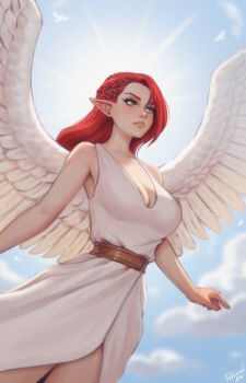1girl angel braid breasts cleavage closed_mouth commentary dress english_commentary feathered_wings green_eyes highres large_breasts long_hair original personal_ami pointy_ears red_hair sky sleeveless sleeveless_dress solo white_dress white_wings wings
