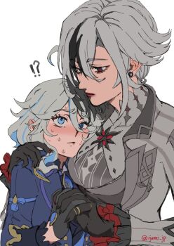 !? 2girls ahoge arlecchino_(genshin_impact) artist_name ascot black_ascot black_eyes black_gloves black_hair black_hands black_vest blue_eyes blue_gemstone blue_hair blue_jacket blush breasts claws closed_mouth colored_extremities earrings frills furina_(genshin_impact) gem genshin_impact gloves gold_ring grey_hair grey_vest hair_between_eyes hand_on_another&#039;s_shoulder hands_up heterochromia highres holding_hands huge_ahoge jacket jewelry lapels large_breasts long_hair long_sleeves looking_at_another low_ponytail mismatched_pupils multicolored_hair multiple_girls multiple_rings no_headwear open_clothes open_jacket pendant ponytail red_lips red_pupils ring rjumei_jp short_hair sidelocks simple_background sweat symbol-shaped_pupils two-tone_hair upper_body vest white_background white_jacket x-shaped_pupils yuri