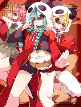 1boy 2girls animal_hood black_shirt black_shoes black_shorts blonde_hair blue_eyes bowl braid closed_mouth collared_shirt commentary_request double-parted_bangs double_bun feet_out_of_frame fighting_stance food green_hair green_skirt green_vest hair_between_eyes hair_bun hand_up hatsune_miku highres holding holding_bowl hood hood_up kagamine_len kaho_0102 long_hair long_sleeves looking_at_viewer megurine_luka multiple_girls outstretched_arm panda_hood pants pink_hair pleated_skirt red_background red_shirt red_tabard round_eyewear shirt shoes short_hair shorts skirt sleeves_past_fingers sleeves_past_wrists standing steamed_bun sunglasses tabard twin_braids vest vocaloid white_pants white_shirt yi_er_fan_club_(vocaloid)