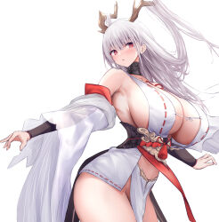Rule 34 | 1girl, absurdres, alternate breast size, azur lane, bare shoulders, blush, breasts, clothes lift, curious, detached sleeves, dragon girl, dragon horns, dress, from below, from side, groin, hair on horn, highres, hip focus, horns, huge breasts, leaning forward, long hair, long sleeves, looking at viewer, looking down, midriff peek, navel peek, no bra, no panties, outstretched arms, parted lips, revealing clothes, see-through, see-through sleeves, shimanto (azur lane), short dress, sideboob, slit pupils, solo, staring, thighs, underboob, upskirt, white dress, wide sleeves, yuuki shuri