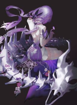 1girl back back_bow bare_back bone bow brown_background bug butterfly butterfly_hair_ornament butterfly_ornament castorice_(honkai:_star_rail) commentary dress english_commentary floating_hair flower hair_ornament hands_up highres honkai:_star_rail honkai_(series) insect long_hair low_twintails pollux_(honkai:_star_rail) pink_flower pointy_ears purple_bow purple_butterfly purple_dress purple_flower purple_hair purple_hands shei99 simple_background sitting skull sleeveless sleeveless_dress solo strapless strapless_dress thighhighs twintails white_flower white_thighhighs