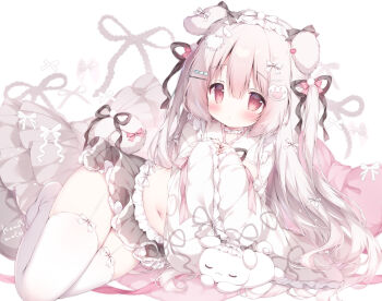 1girl animal_ears black_ribbon black_skirt blush bow bow_legwear closed_mouth commentary dog_ears dog_girl dog_tail dot_mouth frilled_skirt frilled_sleeves frills full_body garter_straps grey_hair hair_between_eyes hair_bow hair_ribbon hairband japanese_clothes kimono long_hair long_sleeves looking_at_viewer lying midriff miniskirt momozu_komamochi navel on_side original pink_bow pleated_skirt red_eyes ribbon signature simple_background skirt solo symbol-only_commentary tail tail_bow tail_ornament thighhighs two_side_up white_background white_bow white_hairband white_kimono white_thighhighs wide_sleeves