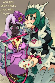2girls alex_ahad apron brown_eyes cake cake_slice clenched_teeth dark-skinned_female dark_skin dress english_text food green_hair hat highres holding holding_leash jacinthe_(pokemon) leash lebanne_(pokemon) low_drills maid master_and_servant mini_hat multiple_girls nintendo pink_eyes pokemon pokemon_legends:_z-a purple_dress sweat teeth very_dark_skin