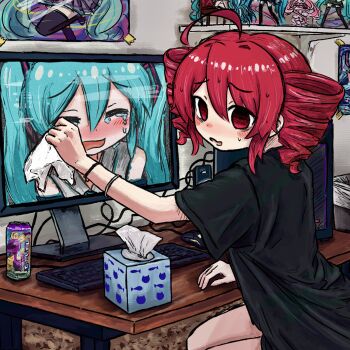 2girls ahoge aqua_hair bedroom black_shirt blush_stickers bracelet bubbacterial closed_eyes comforting computer computer_keyboard computer_tower crying desk drill_hair energy_drink figure furrowed_brow gfuel girl_drying_tv_tears_(meme) hatsune_miku highres holding_tissue indoors jewelry kasane_teto leaning_forward looking_at_viewer looking_back meme monitor multiple_girls nervous_smile nervous_sweating open_mouth panicking poster_(object) red_eyes red_hair sakura_miku shelf shirt short_sleeves sitting smile spyro_(series) spyro_the_dragon sweat t-shirt tears tissue_box twin_drills utau vocaloid wavy_mouth wiping_tears