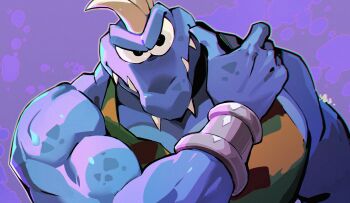 1boy blue_skin camouflage_tank_top colored_skin donkey_kong_(series) furry furry_male highres krusha looking_at_viewer mu_(mu_963) muscular muscular_male nintendo purple_background reptile_boy sharp_teeth solo teeth upper_body