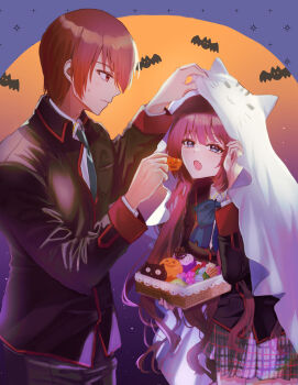 1boy 1girl :o a-chan_(little_busters!) absurdres animal_print bat_(animal) black_jacket blazer blue_bow blue_eyes blush bow box brown_eyes brown_hair cat_print character_print closed_mouth commentary_request cowboy_shot doruji eyelashes feeding food from_side ghost_costume grey_skirt hair_between_eyes halloween halloween_costume hand_up hetero highres holding holding_box jack-o&#039;-lantern jacket leaning_forward little_busters! little_busters!_school_uniform long_hair long_sleeves looking_at_another miiizuno_lbs miniskirt natsume_kyousuke open_mouth orange_background plaid_clothes plaid_skirt profile purple_background purple_hair school_uniform sheet_ghost short_hair sidelocks simple_background skirt standing sweatdrop sweets two-tone_background very_long_hair wavy_hair